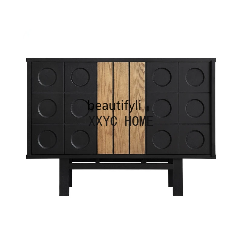 Retro Solid Wood Floor Sideboard Cabinet, Silent Style, Light Luxury, Half High and Low Bucket Cabinet, Storage Organizer