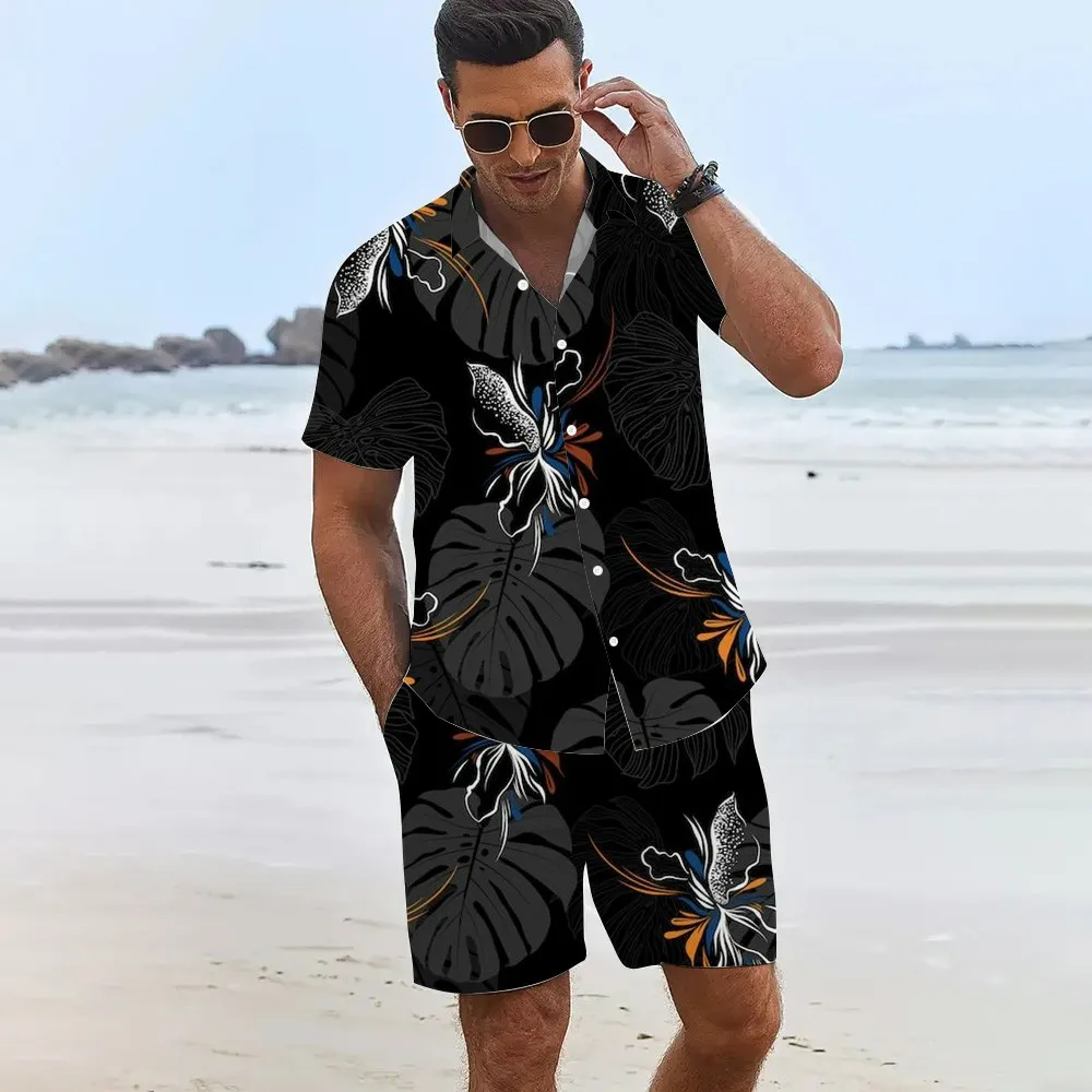 

New Men's Short-sleeved Suit Lapel Shirt Shorts Two-piece Men's Beach Fashion Print Summer Holiday Shirt Suit Large Size Clothes