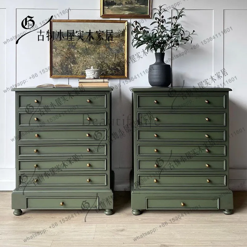 French light luxury green seven-chest cabinet/neoclassical solid wood storage multi-functional storage cabinet/custom