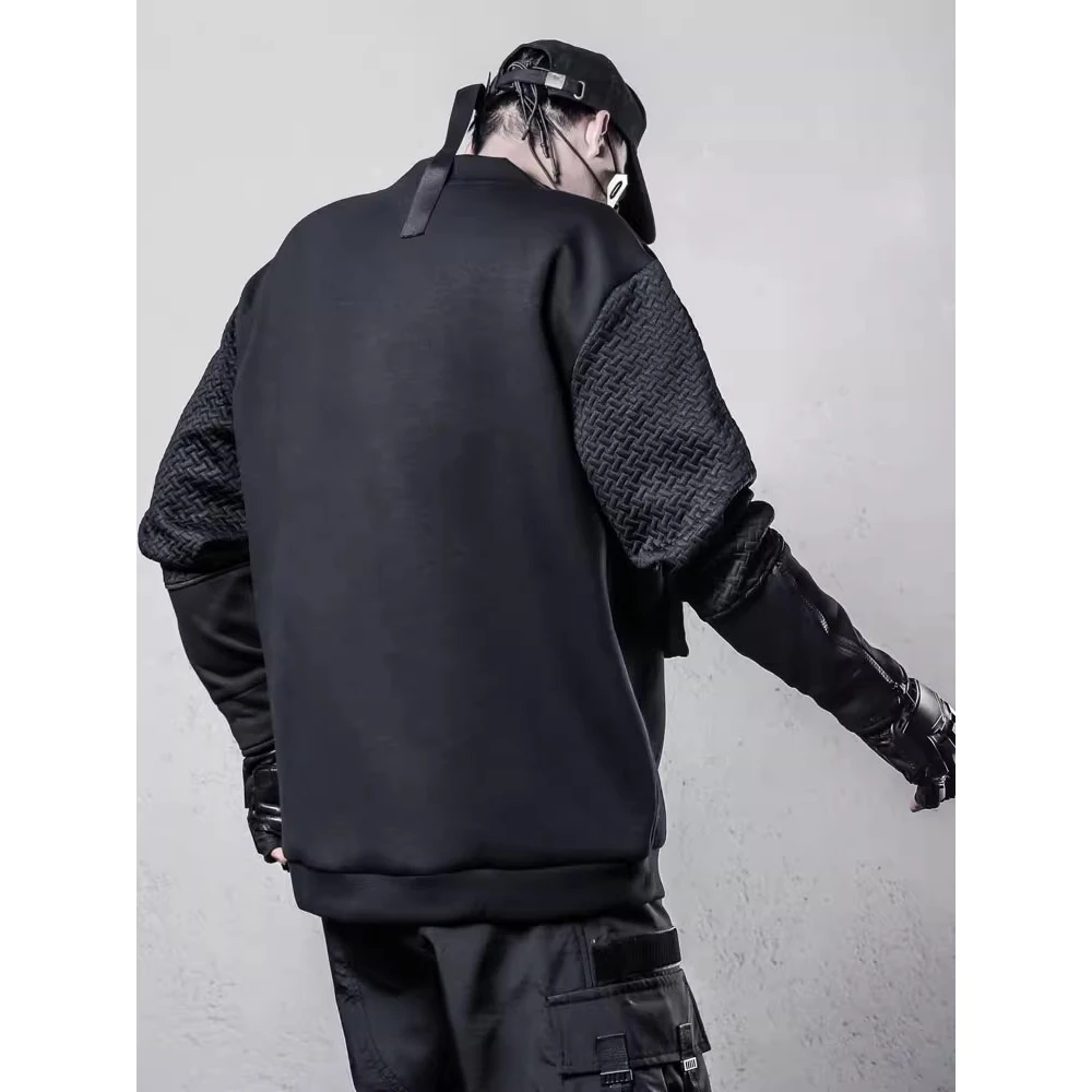 Men Functional Sweatshirt 2025 Spring Fashion Fake two Pieces Pullover Black Loose O-Neck Sweat Shirt Tops Men Techwear