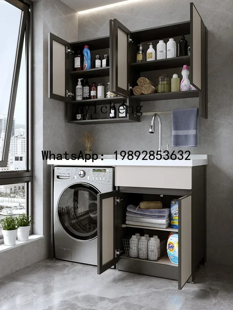 LYY Washing Machine Cabinet Combination Quartz Stone Laundry Tub with Washboard Sun Protection Alumimum All-in-One Cabinet
