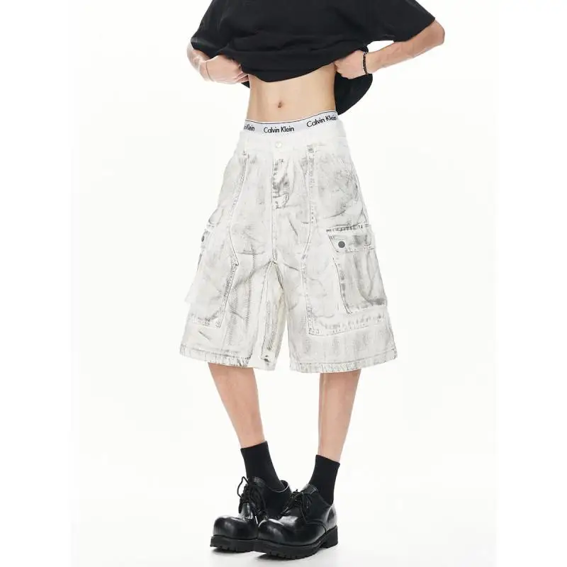 

Men's High Street Distressed Paint-Splatter Denim Shorts - Vintage Washed Workwear Shorts for Casual Streetwear Workwear Jeans