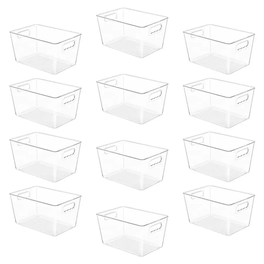 

12 Pack Clear Pantry Organizer Bins, Plastic Containers with Handle for Kitchen,Freezer,Cabinet,Closet,Bathroom Under Sink Stora