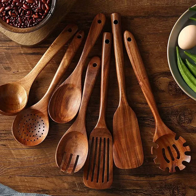 7/10 PCS Thailand Teak Natural Wood Tableware Ladle Turner Long Rice Colander Soup Skimmer Cooking Spoons Scoop Kitchen Tool Set