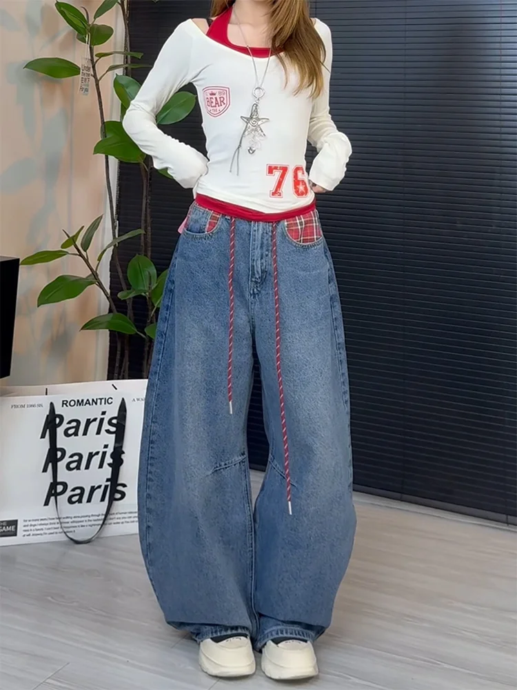 

plus Size American Retro Plaid Design Spliced Denim Pants Women Loose Slimming Casual Floor-Length Wide Leg Long Trousers