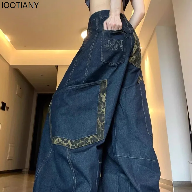 Fashion Y2k Retro Women's Jeans Big Pocket Machete Leopard Print Wide-leg Denim Overalls Harajuku Loose Autumn Street Pants 2025