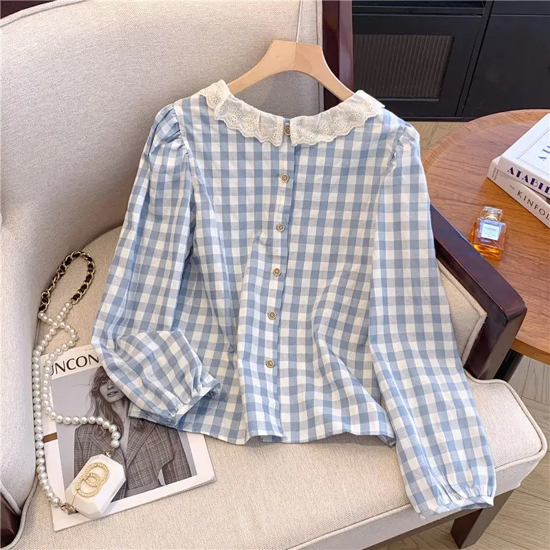Femme Spring Summer Simplicity Sweet Young Style Women's Shirt Preppy Style Button Embroidered Color Blocking Long Sleeve Tops