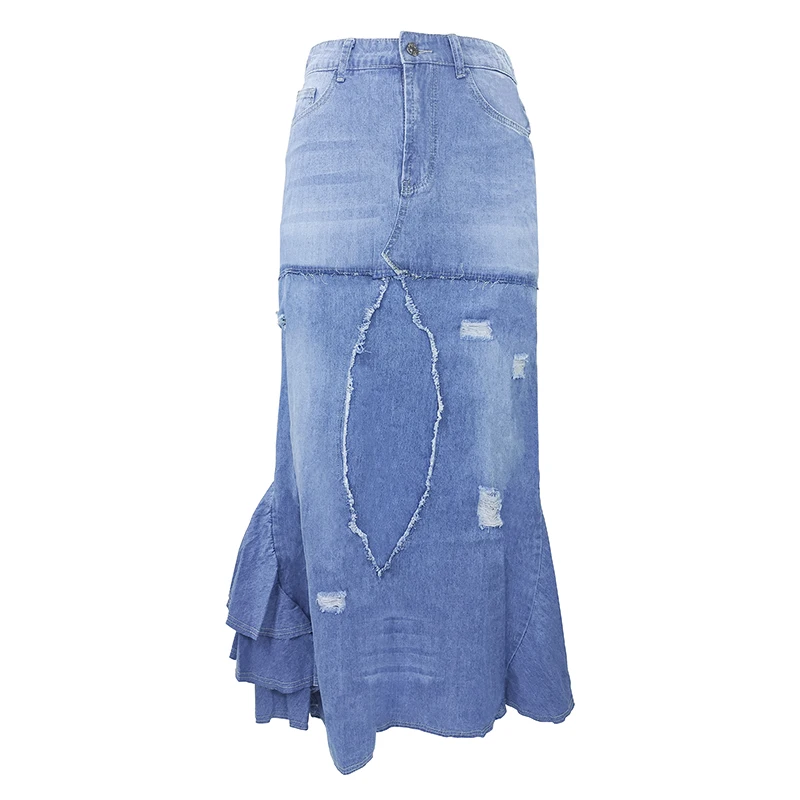 Women Denim Maxi Skirt High Waist Vintage Washed Patchwork Frayed Ripped Irregular Ruffle Mermaid Long Jean Skirt Streetwear - view 2