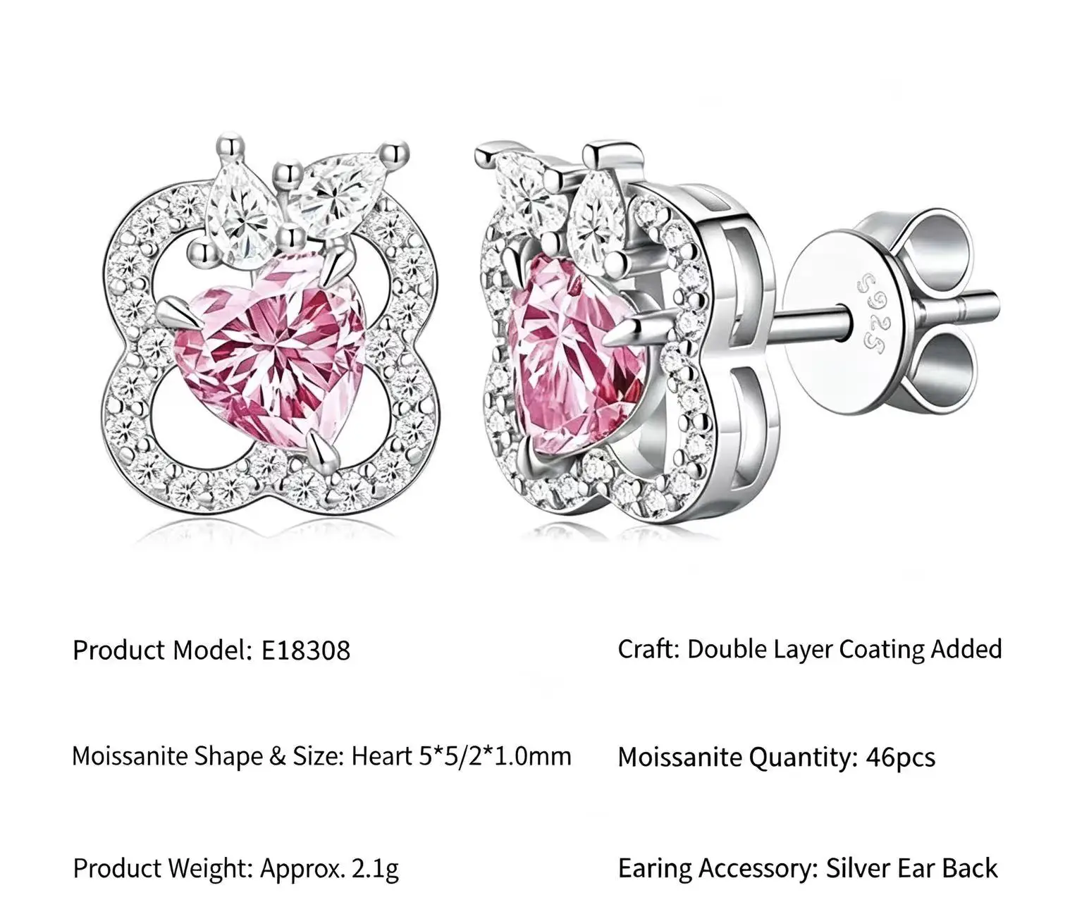S925 Silver Pink Heart D Color Moissanite Four Leaf Clover Stud Earrings GRA Certified Luxury Jewelry Gift for Women