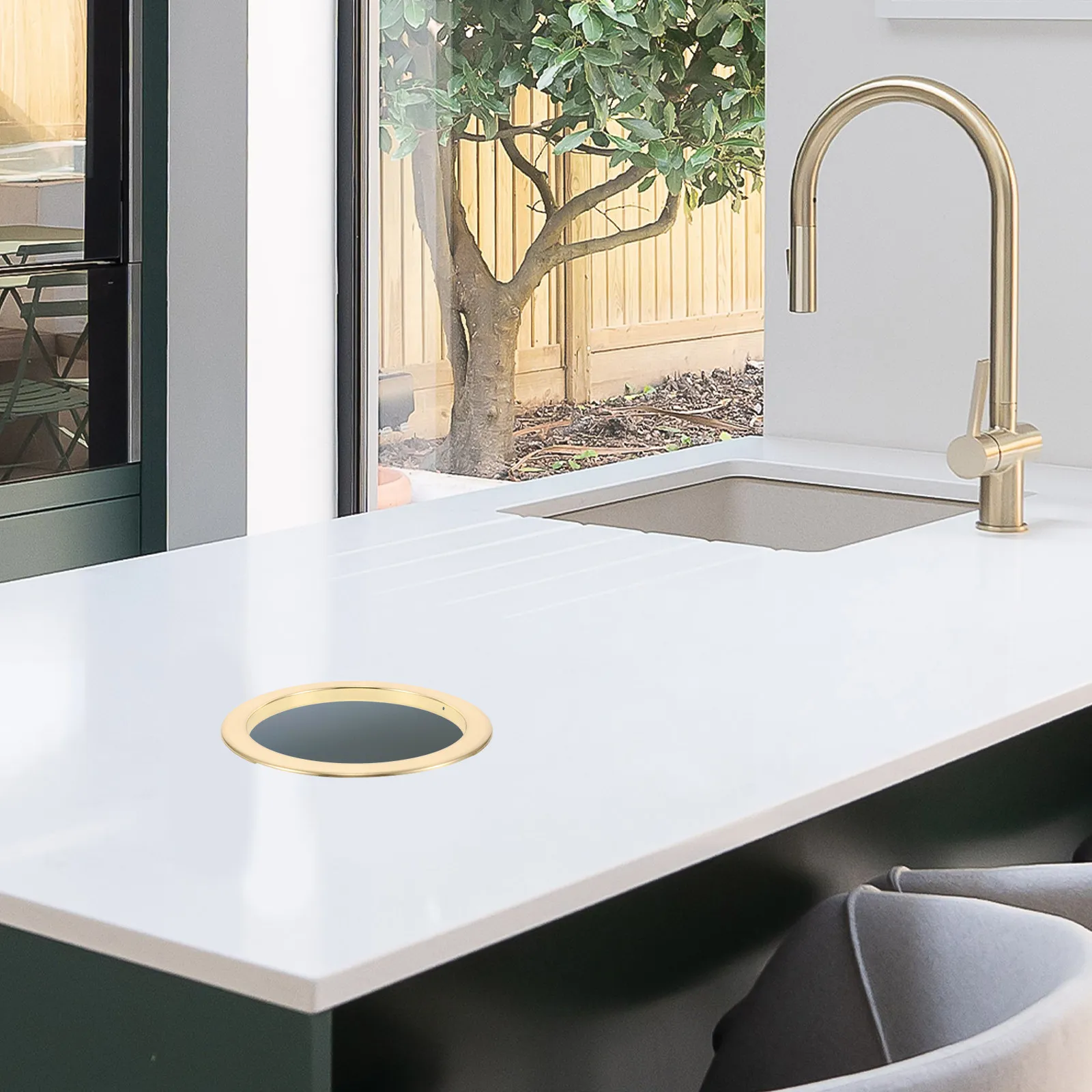 Round recessed trash bin lid for office home users to keep countertops organized Stainless steel 20.8x20.8 cm Coffee