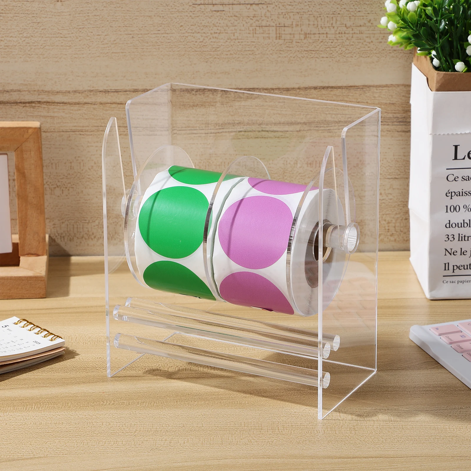 Adjustable Manual Label Dispenser Clear Acrylic Sticker Roll Holder Office Desktop Organizer Label Applicator Dispenser Stand