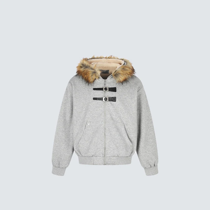 American Style Collar Fleece Lining Hooded Cotton Jacket For Men Women Featuring Metal Buckle Design Casual Thick Sweatshirt