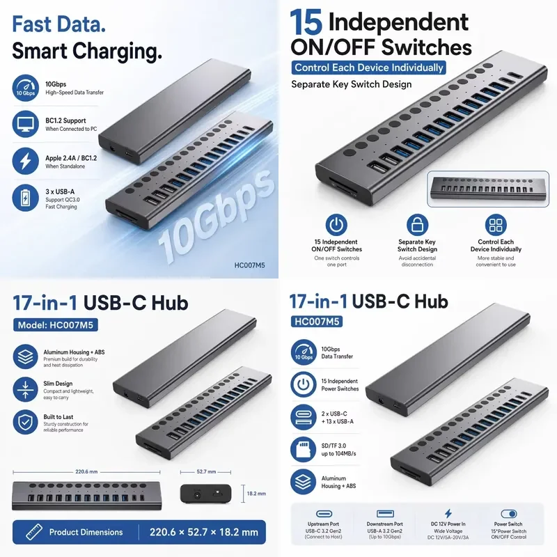 AP01 for 17-in-1 USB 3.2 Gen2 Hub 10Gbps 12x USB-A 2x USB-C QC3.0 SD TF Individual Switches Aluminum Powered Hub