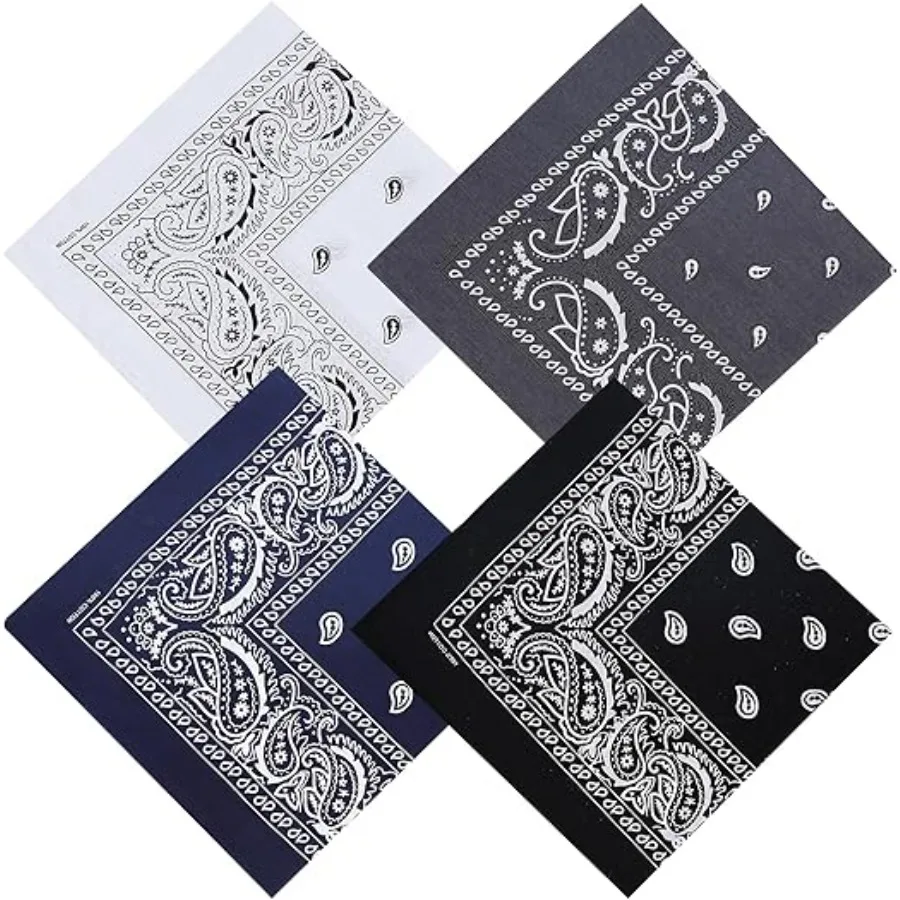 

100% Cotton 27" x 27" Large Bandanas for Men & Women, Multi-Purpose Bandana Headbands, Square Head Scarf, 4 Pack, White/Black/Navy Blue/Gray