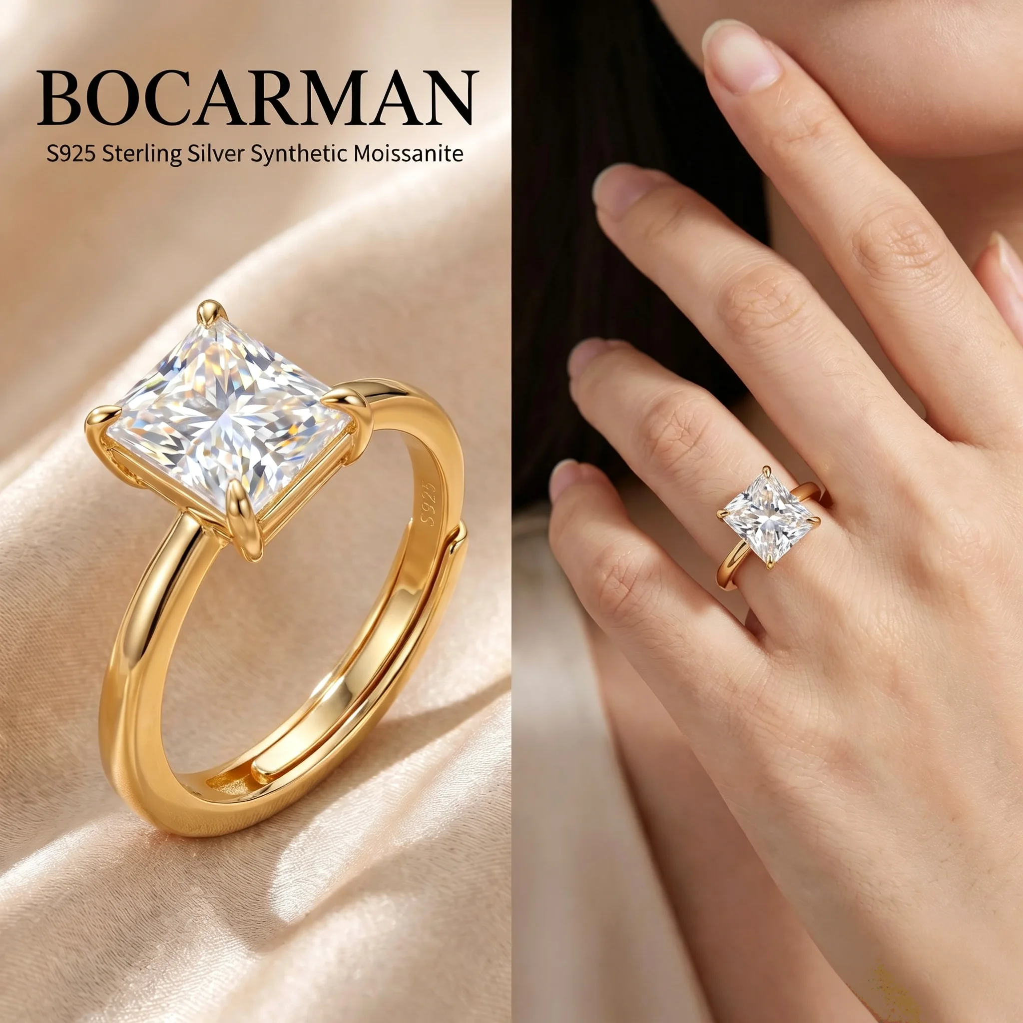 BOCARMAN Radiant Cut Moissanite Ring S925 Silver Brilliance Band Signature Jewelry for Women