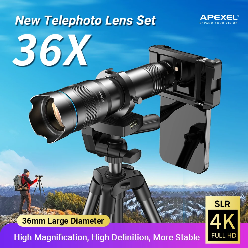 

APEXEL 36X Mobile Phone Monoculars HD Telephoto Lens Kit for Smartphone,Metal Telescope with tripod for Concert Bird Watching