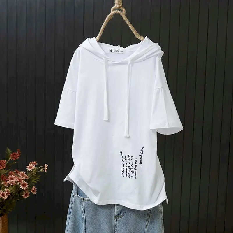 2024 New Short-sleeved T Shirts Women Hooded Printed Solid Color T-shirt Korean Style Fashion Loose Large Size All-match Tops