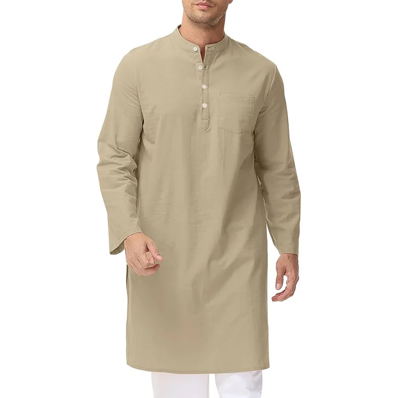 New Leisure Men Muslim Shirt Islamic Arabian Cotton Stand Collar Long Sleeve Blouse Pakistani High Quality Retro Long Tops S-3XL