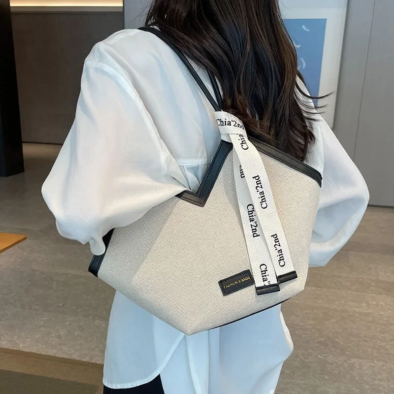 2024 Large Capacity Bags Women New Minimalist Canvas Tote Package Versatile Commuting College Student Class Shoulder Bag Handbag