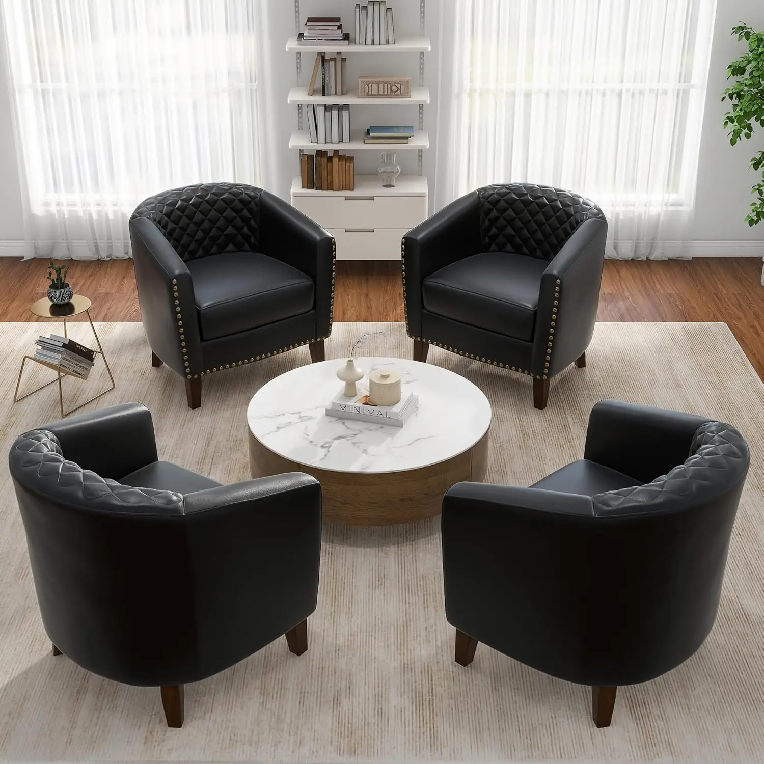 Pia Ricco Faux Leather Barrel Accent Chairs Set Of 4, Modern Club Arm Chair Comfy Upholstered Single Sofa Chair With Solid Wood