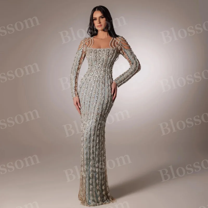 Luxury beaded mermaid Evening gown floor-length sleeved Ladies Wedding Party Party tulle cocktail dress