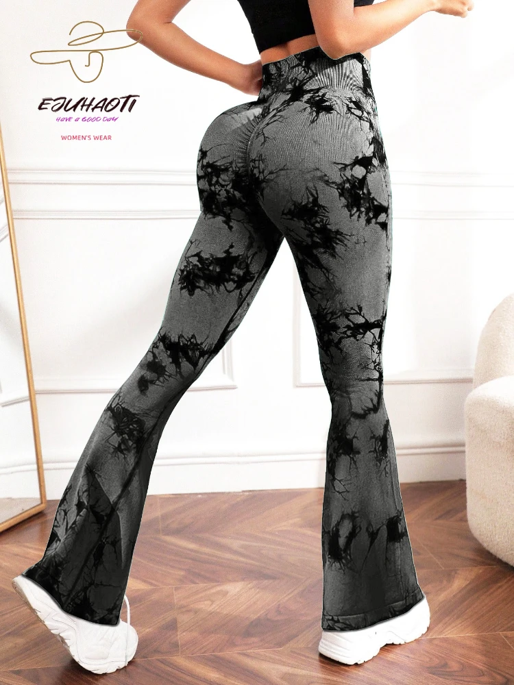 

Women Tie Dyed Flared Pants Sexy Seamless Peach Hip High Waist Yoga Leggings Fitness Sports Breathable Tight Workout Trousers