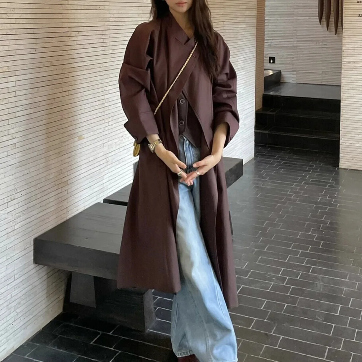 KWTX New Women’s Long Trench Coat Autumn Winter Solid Belted Stand Collar One Button Casual Chic Designer Elegant Vintage Style