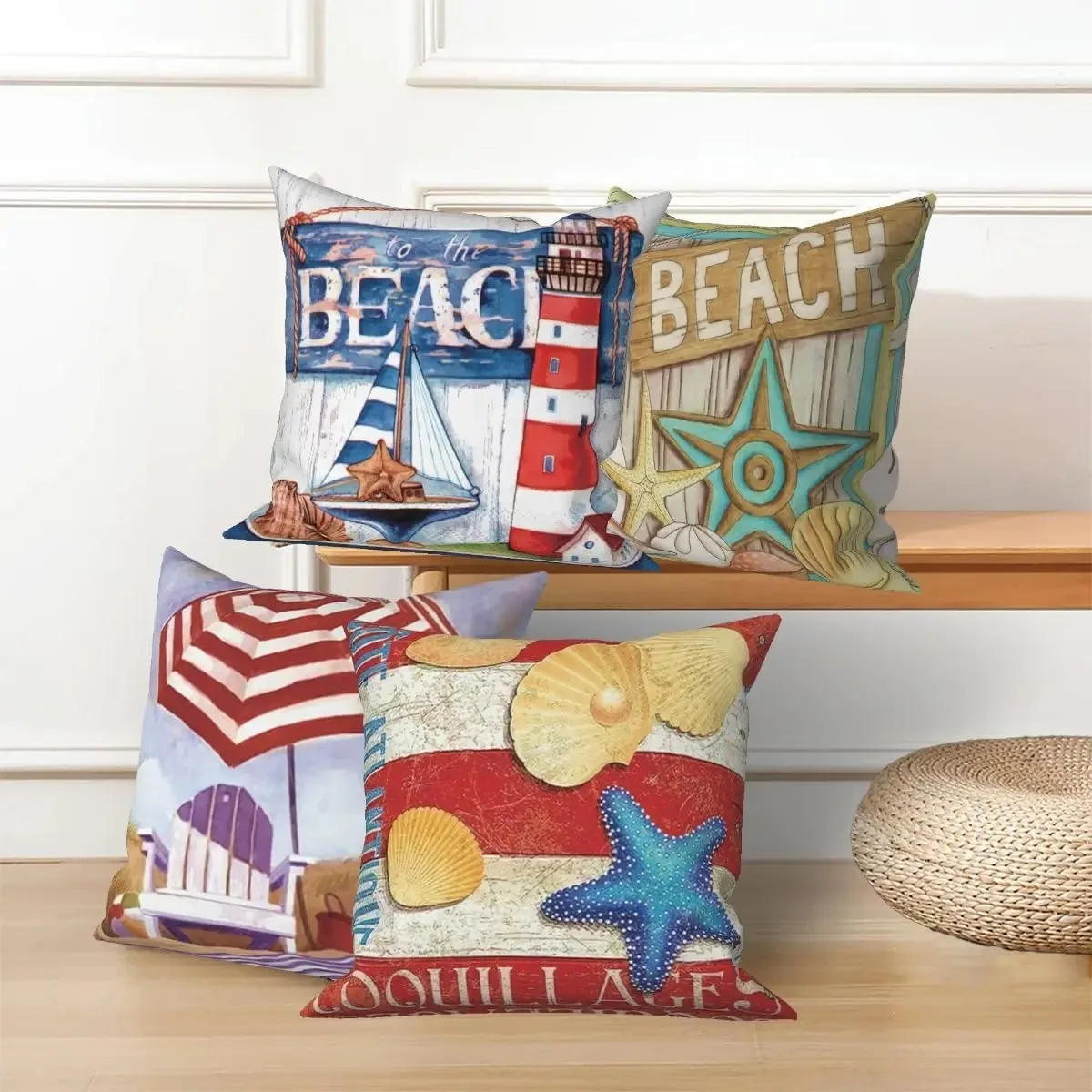 4 Pcs Beach Ocean Throw Pillow Covers Summer Nautical Lighthouse Starfish Seashell Tropical Vintage Linen Pillow Case Cover for