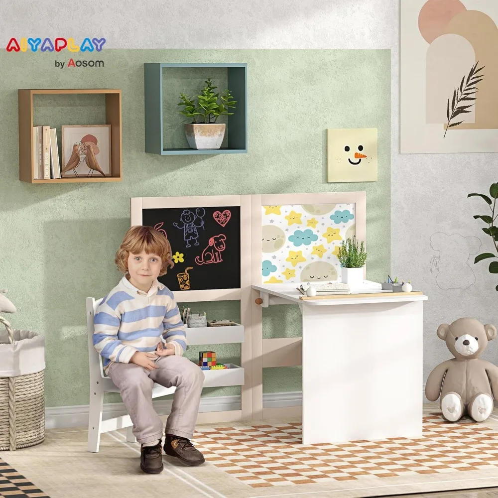 Qaba Kids Art Table and Chair Set with Storage, Foldable Blackboard, Whiteboard, and Roll Paper Holder