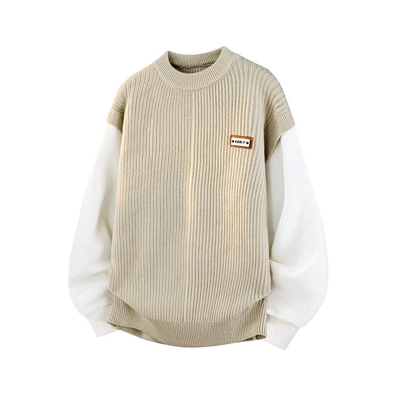 

Зима 2025 года, большой вязаный свитер в рубчик с воротником-стойкой для мужчин и женщин, цветной блок с длинным рукавом, повседневный свободный пуловер с нашивкой, топ