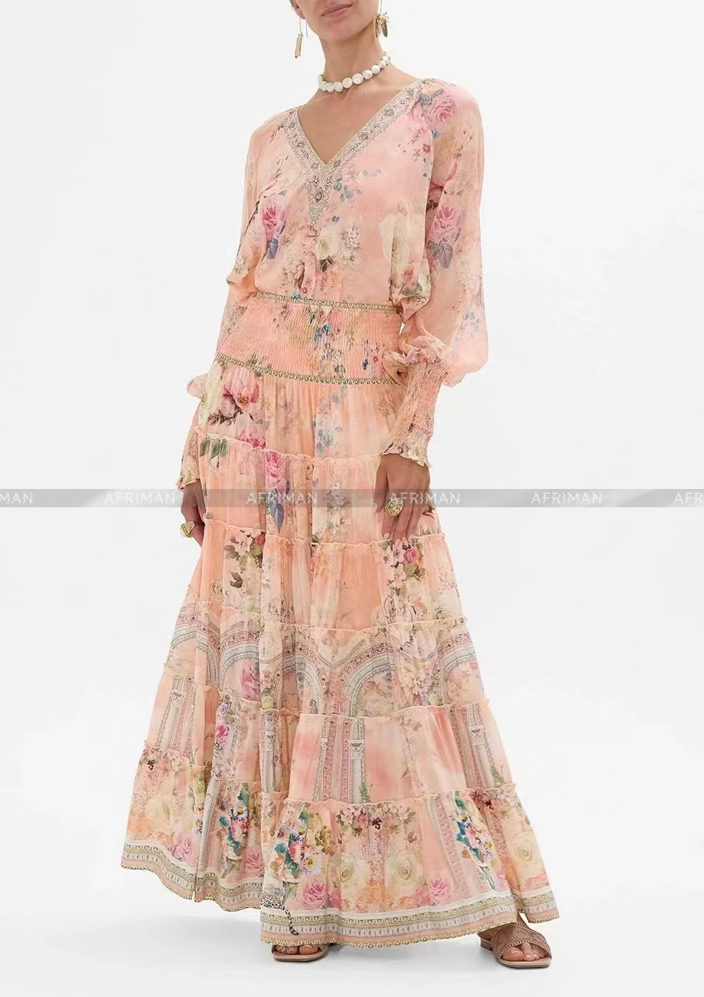 Women New V Neck Crystal Beaded Pink Print Silk Blouse+ Elastic High Waist Long Silk Skirt Set