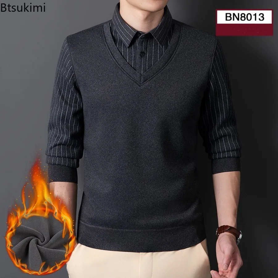 

Autumn Winter Men Shirt Collar Sweater Pullover Knit Polo Shirts Slim Fit Polo Neck Top Clothes Fake 2 Piece Fleece-lined Shirt