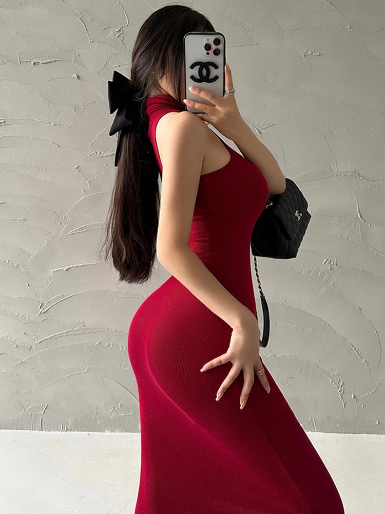 Red Fashion Sexy Turtleneck Midi Dress Women Party Club Ladies Bodycon Elastic Peach Hip Elegant Long Dresses For Woman