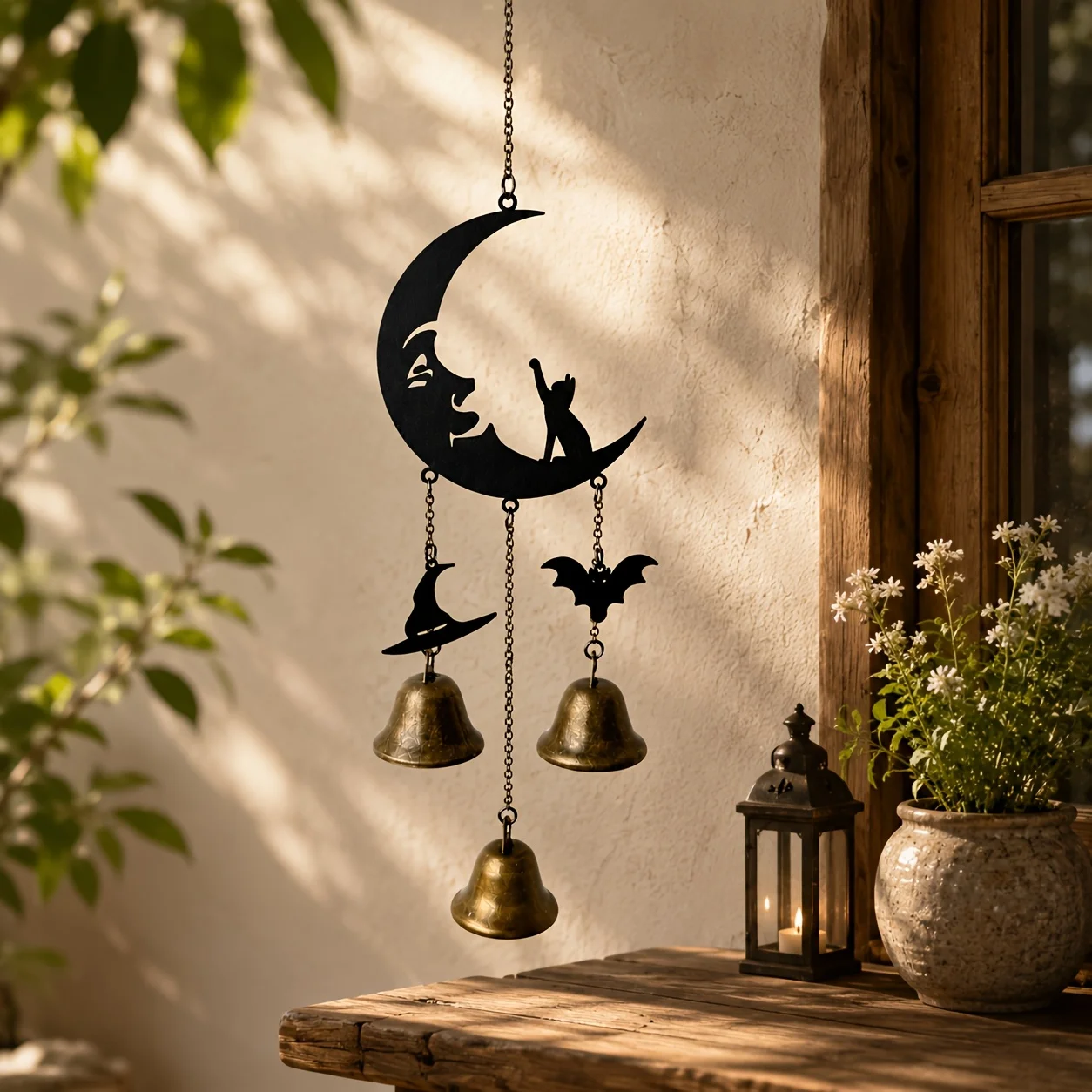 Dark Gothic Moon Cat-Shaped Metal Wind Chime, Halloween-Themed Bat and Witch Hat Decorative Hanging Ornament, Bell for Outdoor