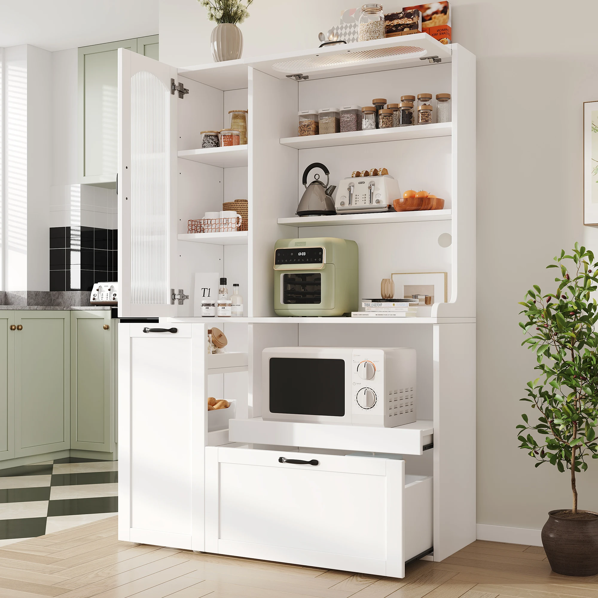 Buffet de cuisine : étagères réglables, grand tiroir, porte en verre rainuré, MDF-blanc