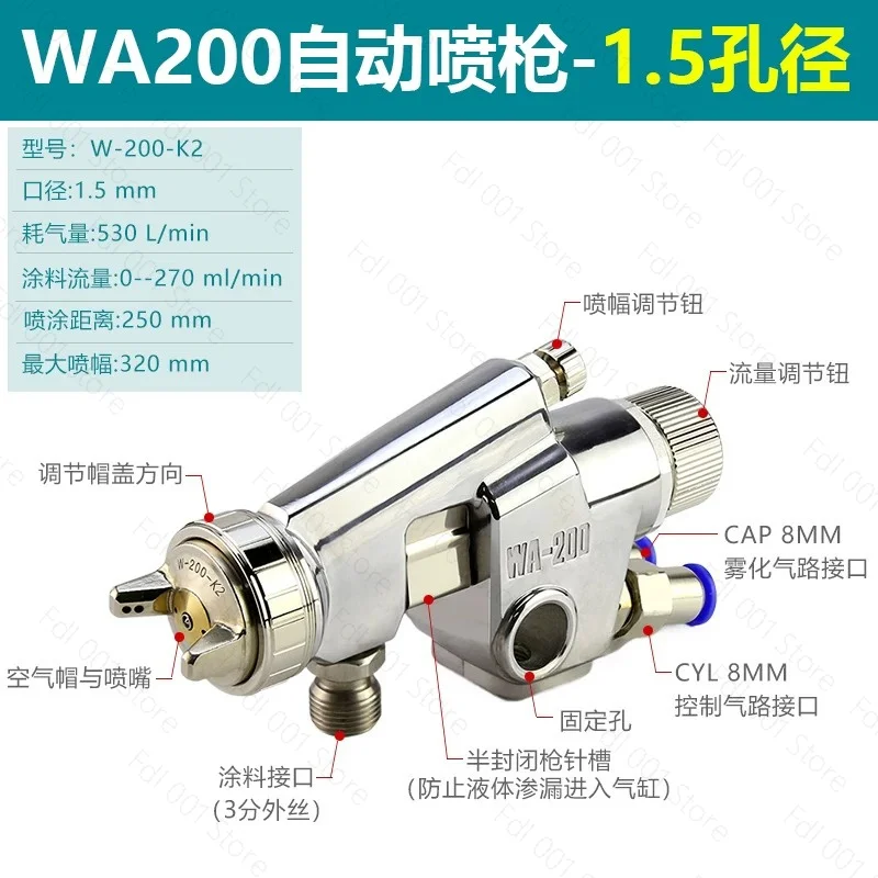 WA-200 Automatic Spray Gun 2mm Nozzle Industrial Paint Sprayer Coating Tool