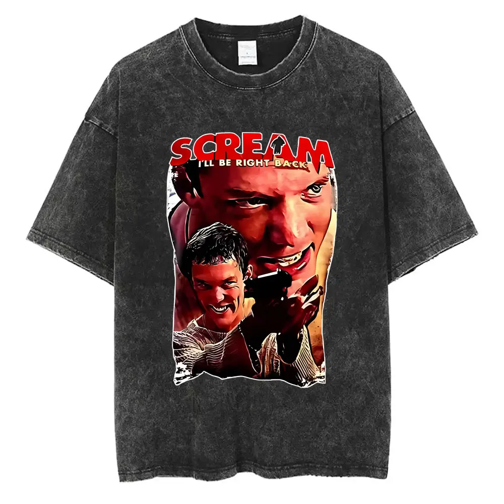 

Washed Vintage Horror Movie Scream T-shirt Billy Loomis I'll Be Right Back T-shirts Men Women Casual Oversized Cotton T Shirts