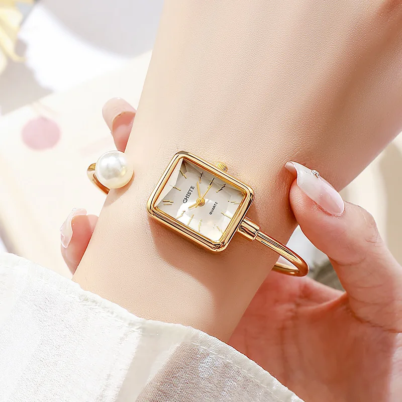 Brand Women Gold Watch Thin Open Bracelet Quartz Watches Fashion Pearl Strap Square Dial Ladies Wristwatch Wholesale Dress Clock