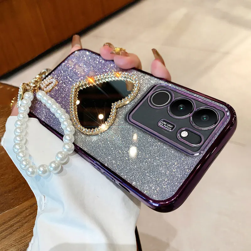 V 29 Cover Luxury Pearl Bracelet Case For Vivo V29 V30 Lite V27 pro V40 se Y72 Y78 Y51 Y31 Diamond Love Mirror Case with Lanyard