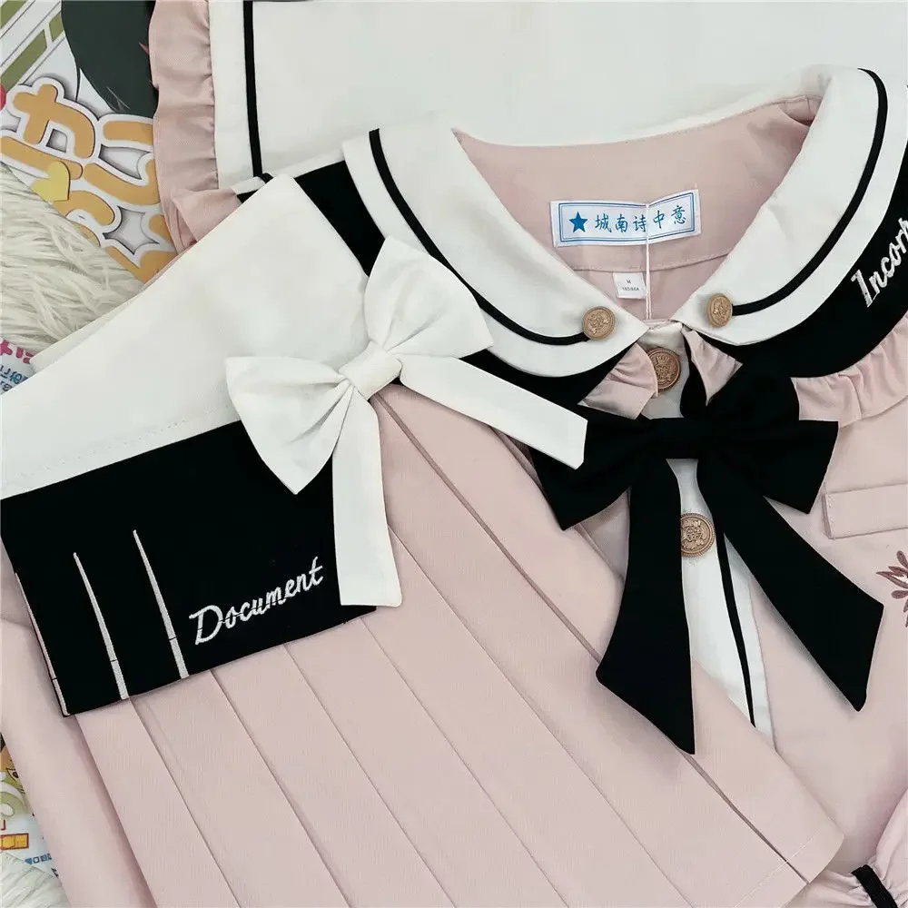 Uniforme Jk con maniche a sbuffo ricamate con fiocco rosa originale con pantaloni di sicurezza Gonna a pieghe uniforme scolastica per ragazza rosa carina femminile 2XL