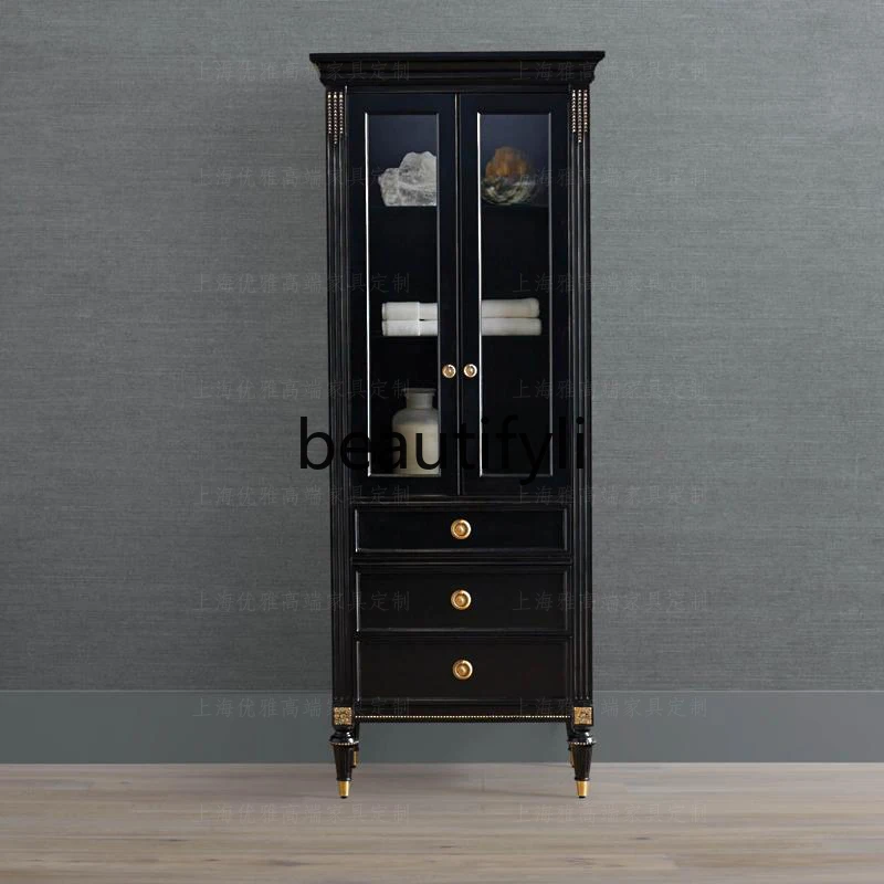 

French Light Luxury Retro Solid Wood Bathroom Cabinet Living Room Storage Wine Cabinet Antique Style Entryway Cabinet