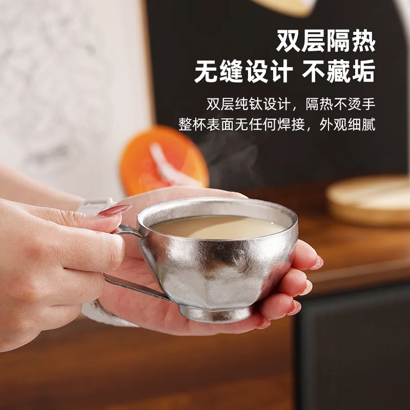 Pure Titanium Retro Coffee Cup & Saucer Set, Lightweight Dessert Spoon & Short Handle Stirrer for Tea
