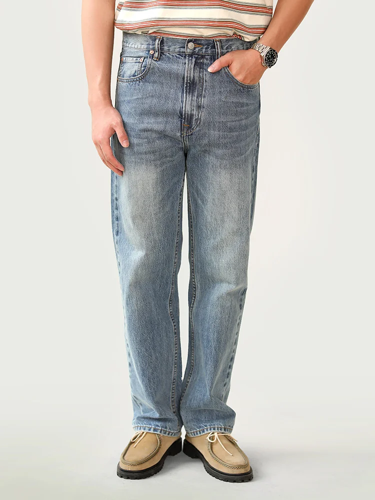 

MBBCAR Vintage Hong Kong Style High End Washed Selvedge Denim Straight Leg Pants Men's Original Design Distressed Jeans