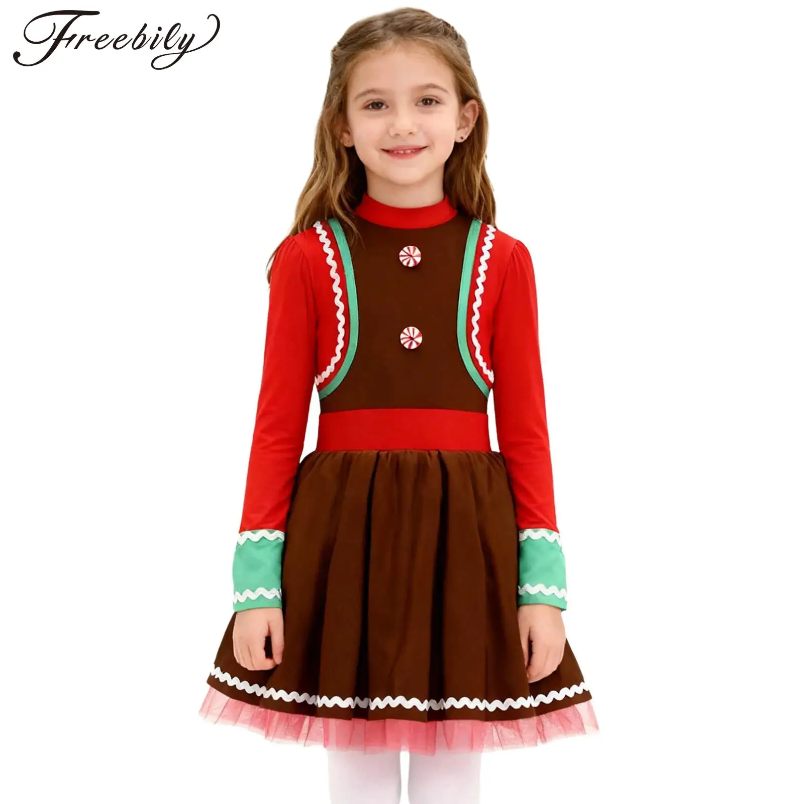 Girls Christmas Gingerbread Man Cookie Role Play Costume Long Sleeves Mesh Dress Xmas Party Ballet Dance Figure Skating Leotard