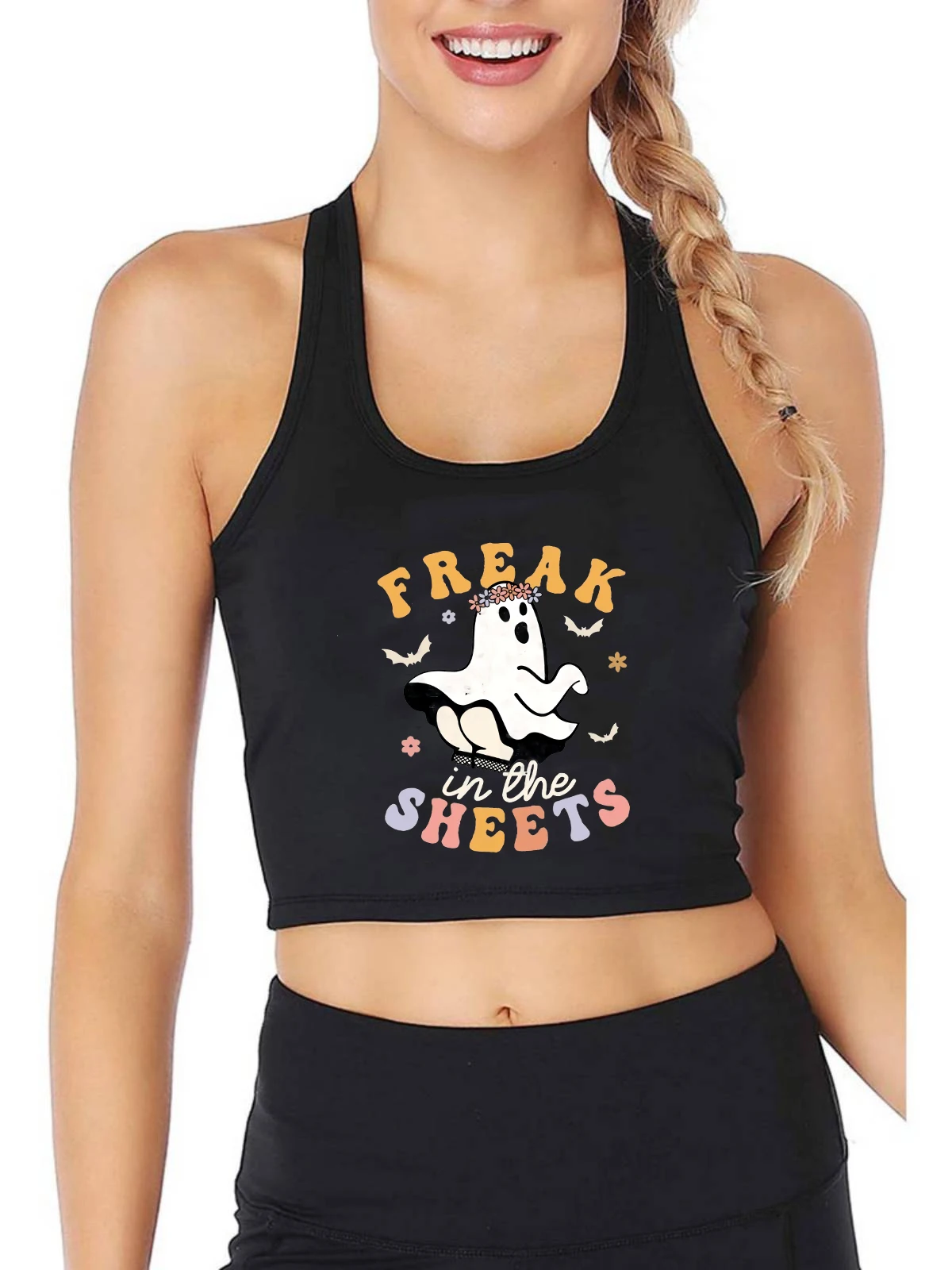 Freak In The Sheets Halloween Crop Top Women's Spooky Season Ghost Design Sexy Cute Tank Tops Street Gothic Camisole