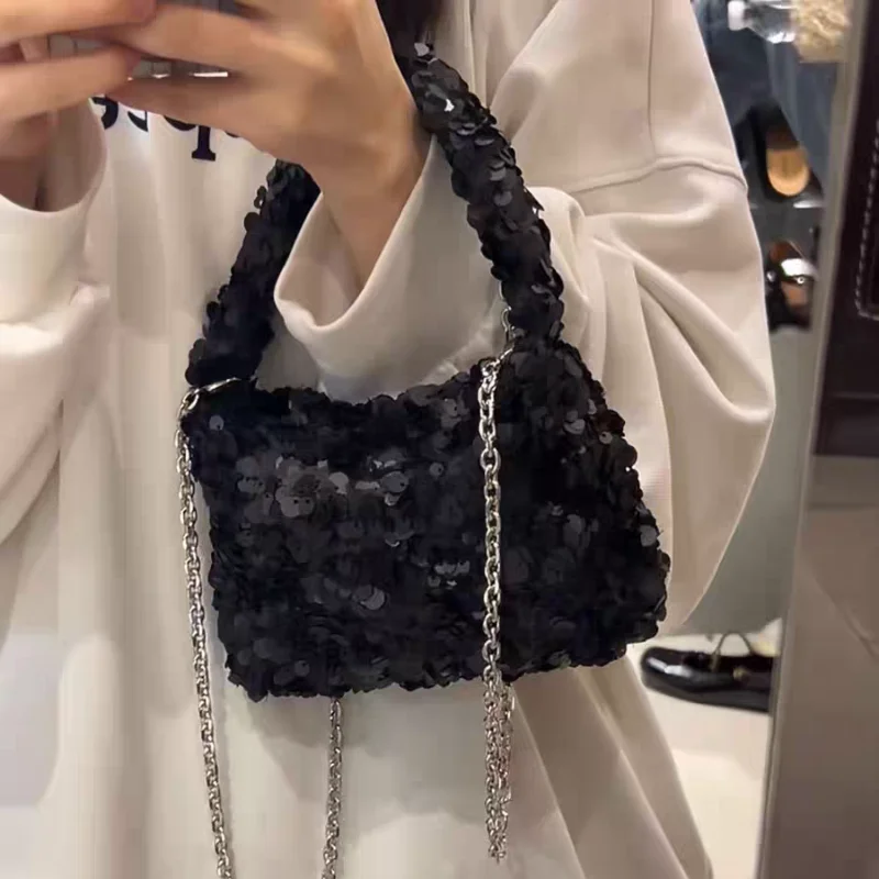 

French Elegant Evening Bag Niche Design Sequin Cloud Bag Personal Chain Square Bag Versatile Solid Color Shoulder Crossbody Bags