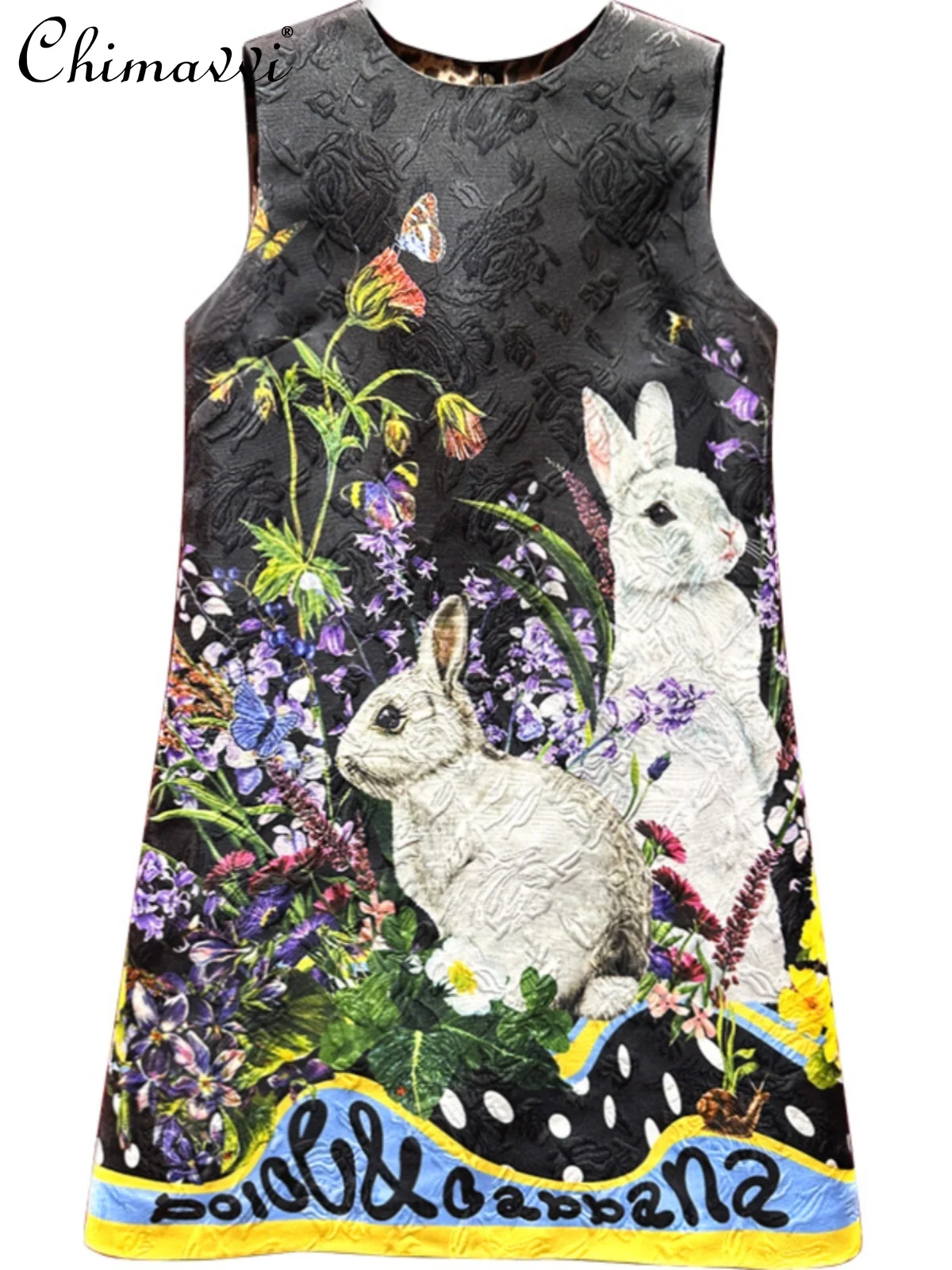 

High-end Vintage Print A-line Dress Spring Summer New Fashion Round Neck Sleeveless Slim Fit Elegant Short Women's Dress