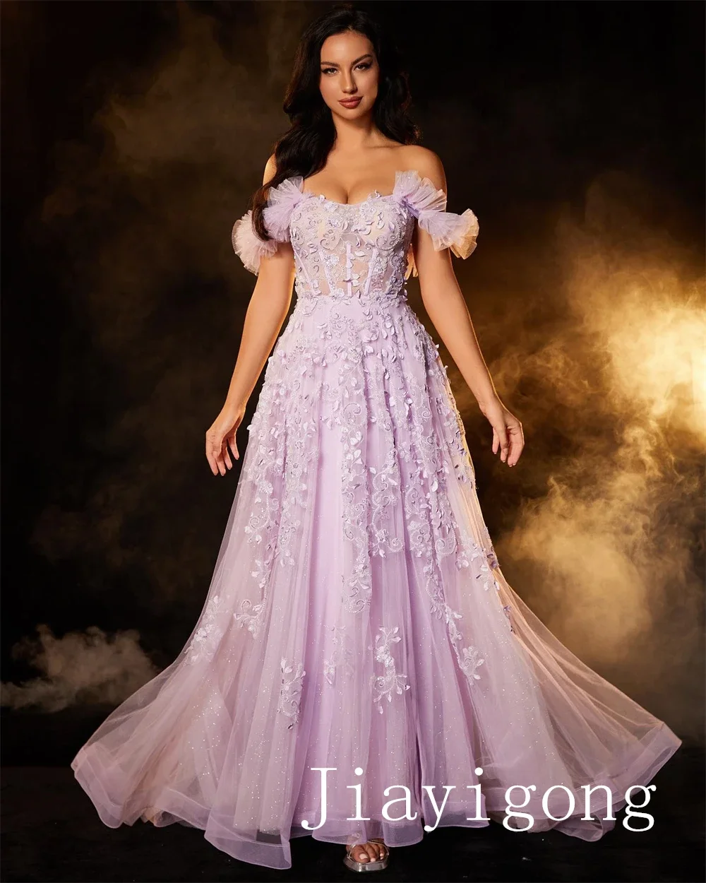 Yipeisha gaun Prom elegan berkualitas tinggi Off-the-shoulder A-line bordir malam jaring bunga Tulle kustom