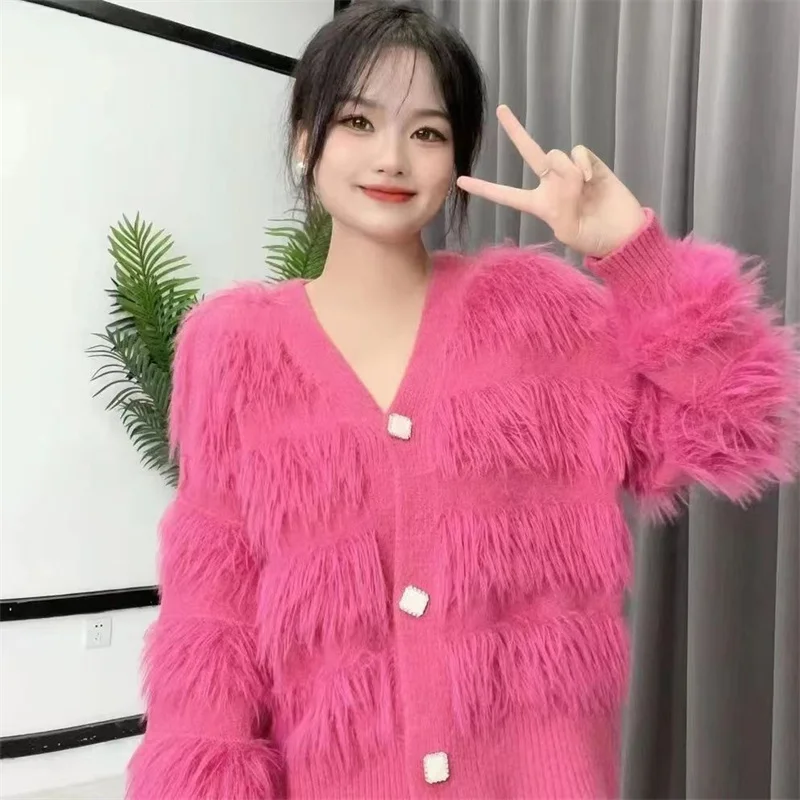 

Small Fragrant Imitation Mink Fleece Hairy Sweater Coat Cardigan Womon Spring Autumn Winter Short Knitted Jackets Top