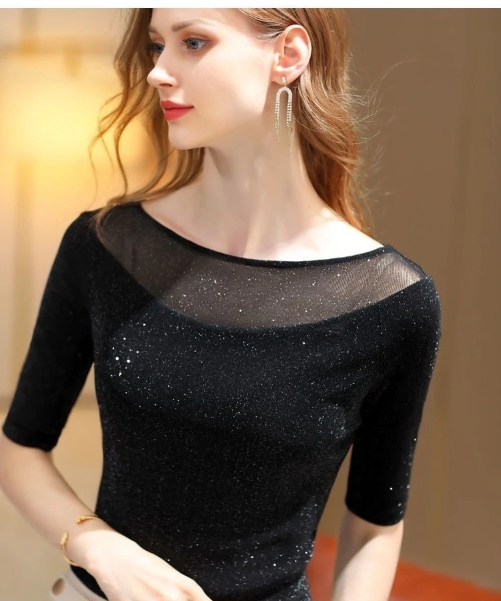 Party Dresses Line Dance Costume Latin Tops Ballroom Dance Wear Sparkling and Shining Mesh Shirt Modern Women Adult Practice Top